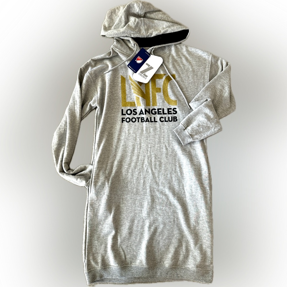 LAFC WOMENS HOODIE DRESS. TERRY FLEECE. HEATHER GREY SMALL US.